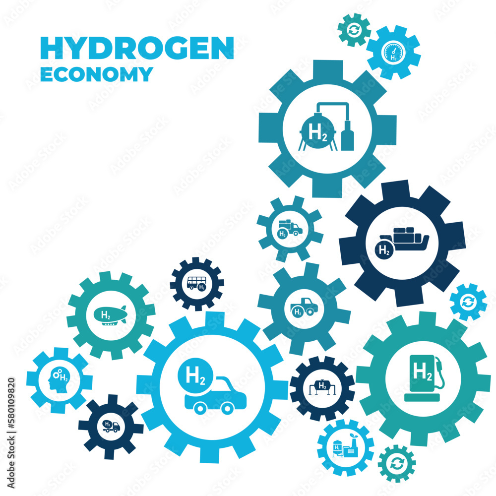 Hydrogen economy vector illustration. Concept with connected icons related to hydrogen use as fuel, in industrial processes, hydrogen storage and transport Hydrogen economy vector illustration. Concept with connected icons related to hydrogen use as fuel, in industrial processes, hydrogen storage and transport