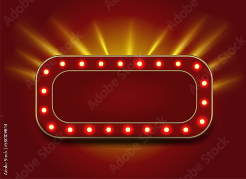 Red frame with glowing shiny LED light bulbs. Vintage signboard vector illustration