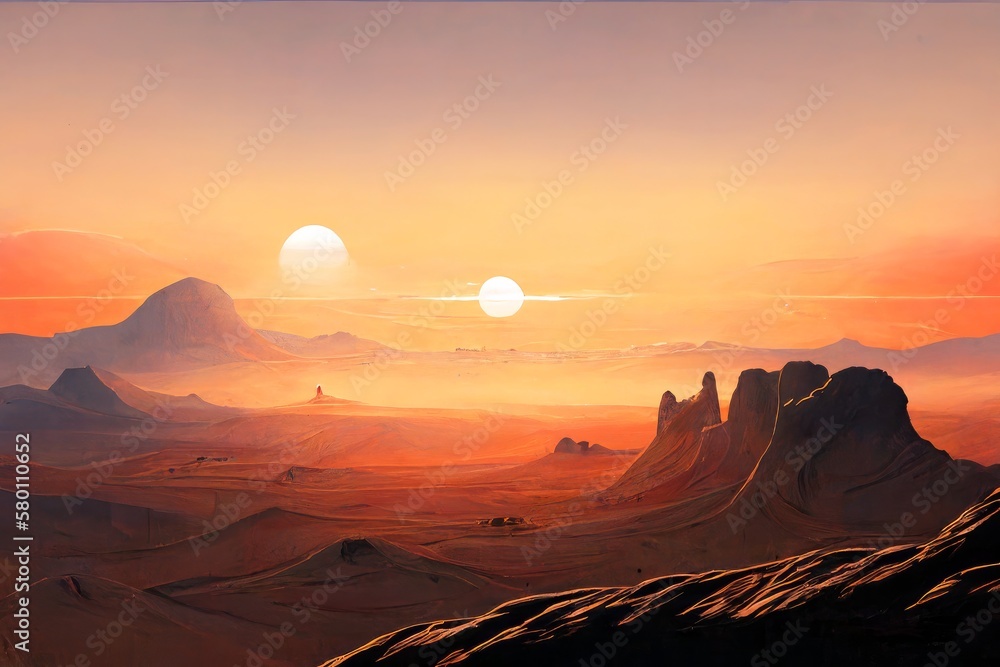 Twin sun desolate fantasy desert with blazing heat 