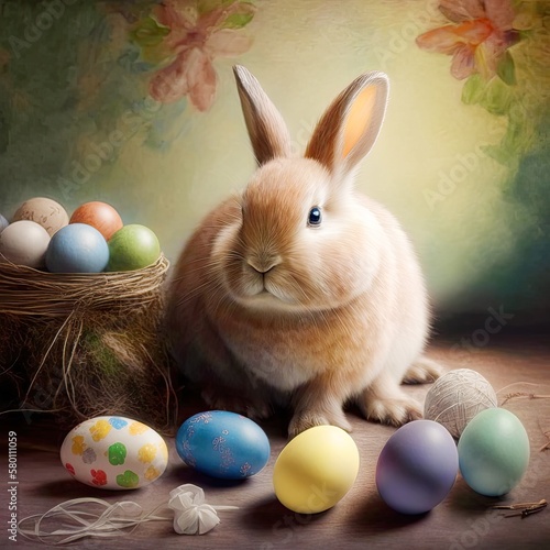 Adorable Easter bunny surrounded by painted Easter eggs and flowers. Greeting card background. Generative AI