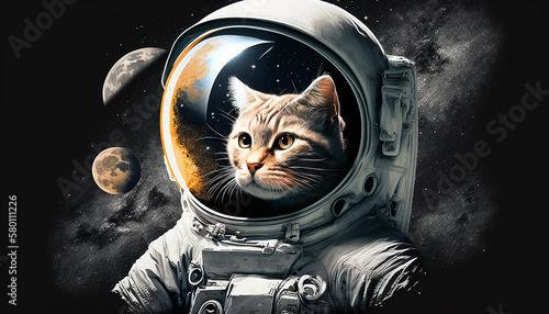 illustrazione di gatto astronauta sulla luna con sfondo di pianeta e via lattea, galassie, creata con intelligenza artificiale