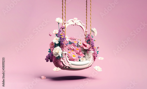illustrazione di altalena piena di fiori, tono su tono, sfondo rosa, copy space, per biglietti di auguri o livello fotografico, 3d render creato con intelligenza artificale photo