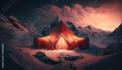 Red tent in the snow in winter in the mountains created with generative AI technology