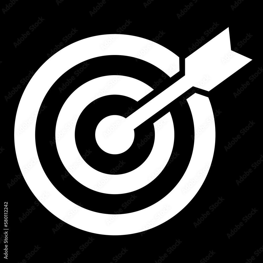 Target icon, white color arrow on target, flat style trendy drawing object. Success idea concept illustration graphic element isolated on dark background. Target icon, white color arrow on target, flat style trendy drawing object. Success idea concept illustration graphic element isolated on dark background.