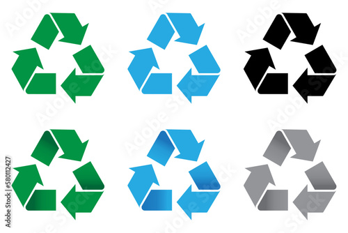 Recycle sign  set of recover symbol in blue  green  gray and black colors. Illustration graphic object with arrow. Vector drawing element isolated on white background.