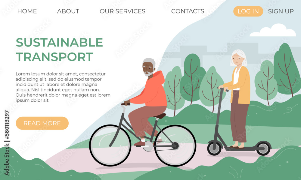 Fototapeta premium Banner template with senior man riding bicycle and woman riding scooter in the city park. Urban eco transport