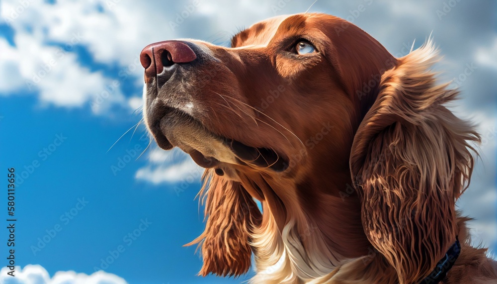 A side view of the dog's face with big brown eyes and long floppy ears, set against a bright blue sky with white clouds Generative AI
