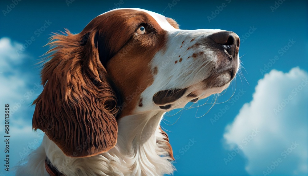 A side view of the dog's face with big brown eyes and long floppy ears, set against a bright blue sky with white clouds Generative AI