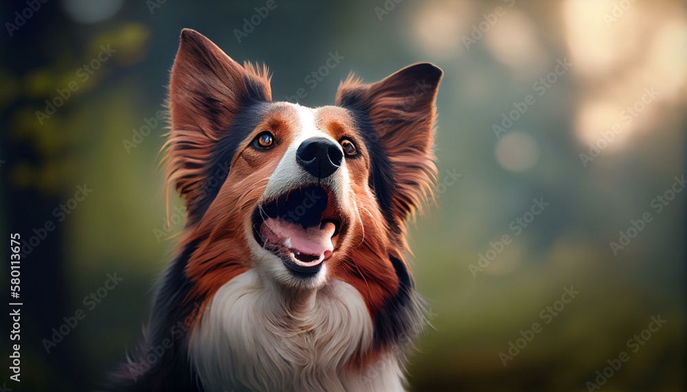 A portrait-style shot of the dog with a blurred background of trees and bushes, looking off to the side with its tongue sticking out Generative AI