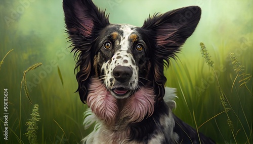 A brown and black spotted dog with big floppy ears and a pink tongue sticking out of its mouth, standing on a lush green lawn Generative AI