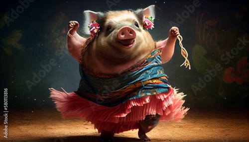 A mini pig with a hula skirt, dancing at a luau party. Generative AI photo