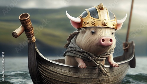 A mini pig with a Viking helmet, sailing on a ship with a dragon head. Generative AI photo