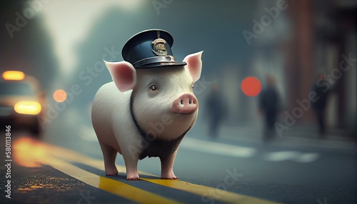 A mini pig with a police hat, directing traffic with a whistle. Generative AI