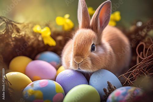 Easter Bunny - Decorated Eggs And Cute Rabbit In Sunny Spring Meadow With Defocused Abstract Lights, generative ai