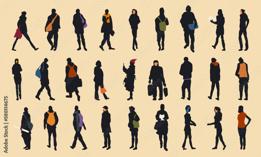 A set of twenty-seven silhouettes of different people with colored silhouettes of bags, briefcases, clothes or faces. Isolated vector illustration on yellow background.
