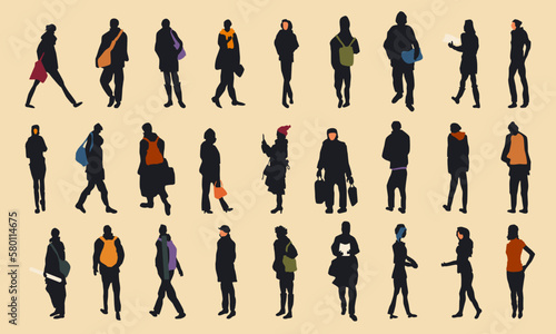A set of twenty-seven silhouettes of different people with colored silhouettes of bags, briefcases, clothes or faces. Isolated vector illustration on yellow background.