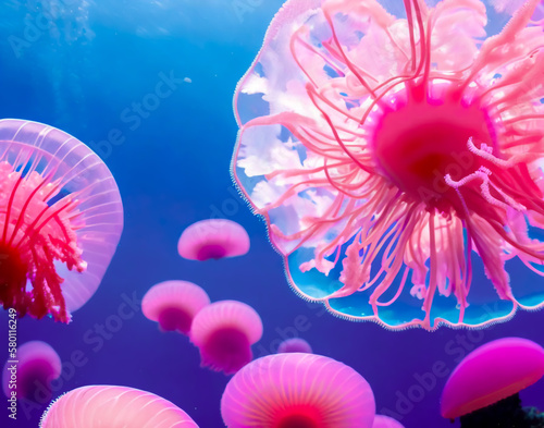 Pink jellyfish in the sea. Generative AI