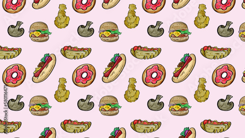 Fast Food Junk Isometric Seamless Pattern Background Template flat design for decorative or gift wrapping paper, © Setia69