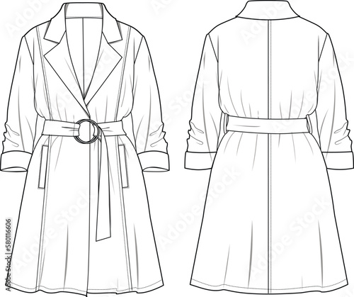 Women's Longline Jacket. technical fashion illustration. Front and back, white color. Women's CAD mock-up.