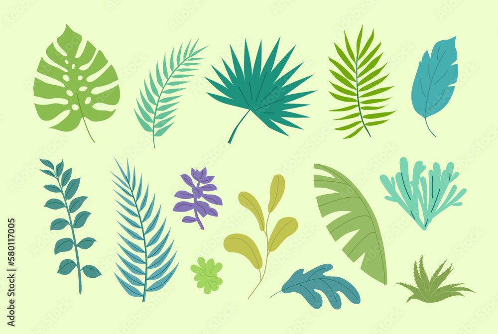 Naklejka premium Green color tropical leaves and plants illustration