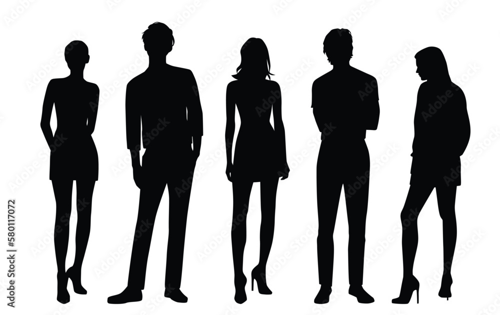 Vector silhouettes of men and a women, a group of standing business people, black color isolated on white background Vector silhouettes of men and a women, a group of standing business people, black color isolated on white background