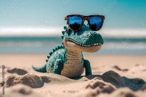 Cute dino in summer on the seaside beach with sunglasses. Vacation on the sunny beach.