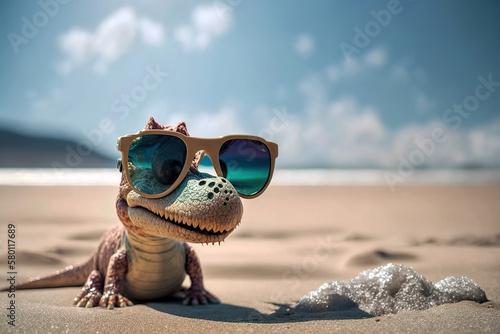 Cute dino in summer on the seaside beach with sunglasses. Vacation on the sunny beach.