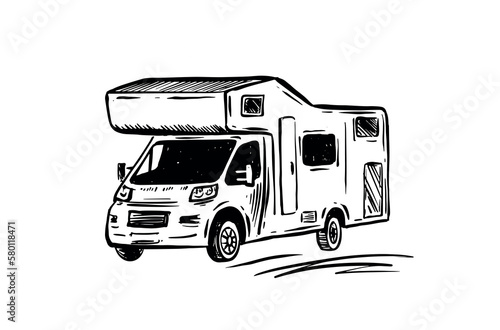 Motor home, camping hand drawn