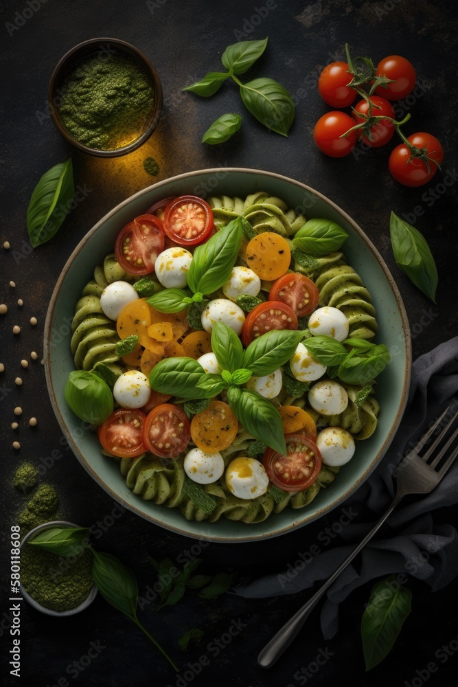 Pesto salad with cherry tomatoes and mozzarella cheese Pesto salad with cherry tomatoes and mozzarella cheese
