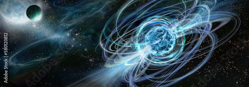 Magnetar, neutron star with powerful magnetic field on a background deep space and exoplanets. 3D illustration