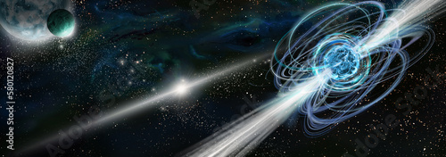 3D illustration of magnetar, neutron star with magnetic field in space