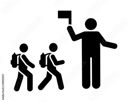 schoolchildren cross the road flag pictogram icon on white background