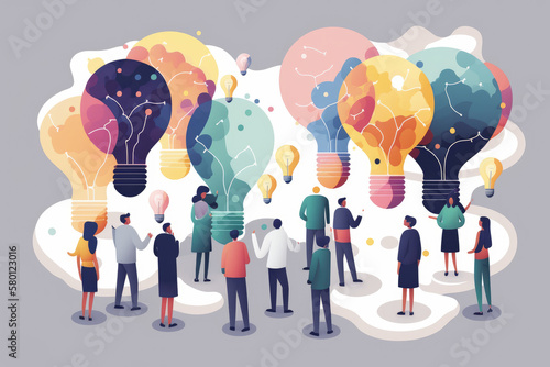 business illustration. small people characters develop creative business idea. Isometric big light bulb as metaphor idea. Graphics design Generative AI