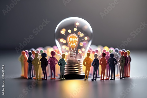 business illustration. small people characters develop creative business idea. Isometric big light bulb as metaphor idea. Graphics design Generative AI