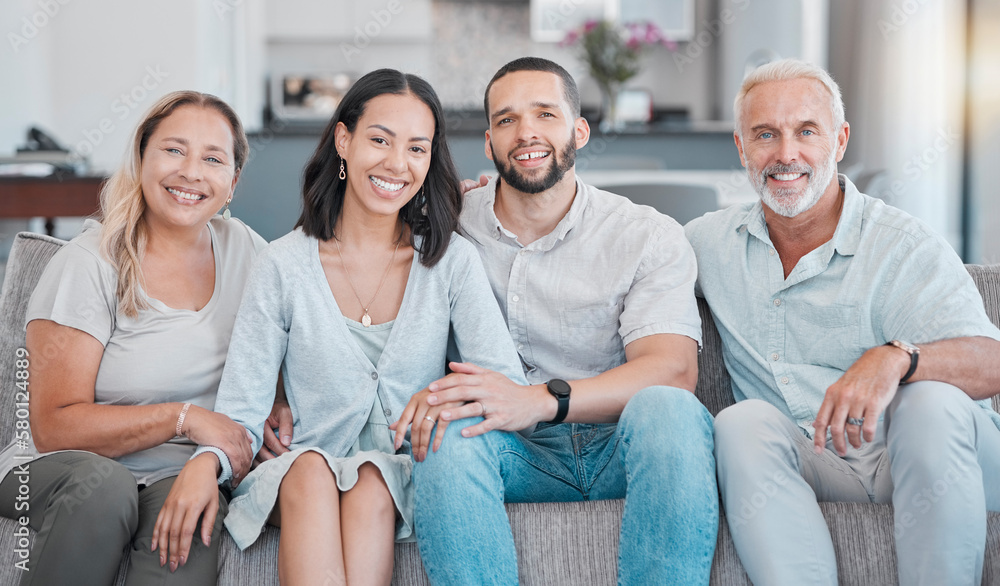 Diverse, family and portrait in family home for bonding with love, care and affection. Relax, rest and interracial group of people bond on sofa in loving, caring relationship with happiness Diverse, family and portrait in family home for bonding with love, care and affection. Relax, rest and interracial group of people bond on sofa in loving, caring relationship with happiness