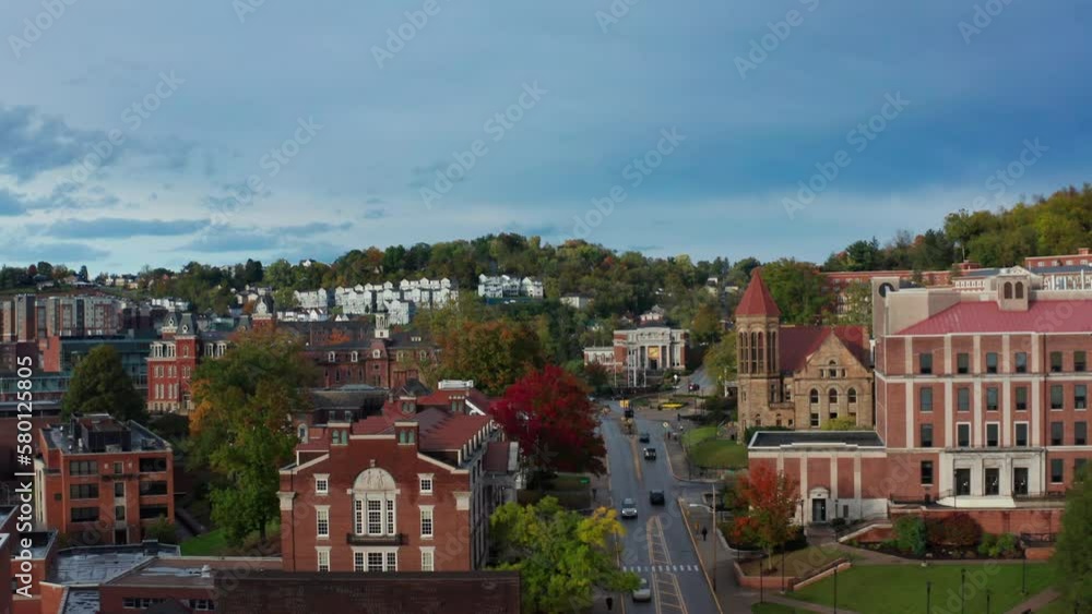 West Virginia University - aerial shot along main street through campus West Virginia University - aerial shot along main street through campus
