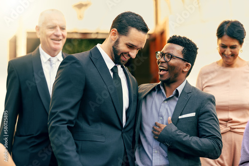 Fotografi Wedding, guests and friends laughing in celebration, bond and enjoying conversation, happy and joy