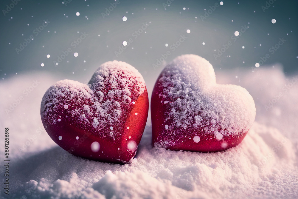 Couple of red hearts at Christmas time in the winter with snow falling. Love and romance generative ai Couple of red hearts at Christmas time in the winter with snow falling. Love and romance generative ai
