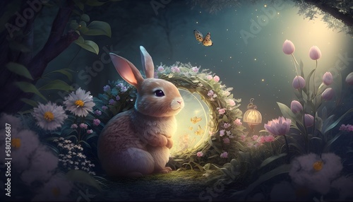 Sweet bunny in moonlight surrounded by flowers