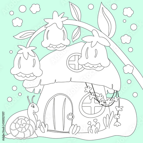 Elf's house coloring page. snail, bluebell, 
mushroom