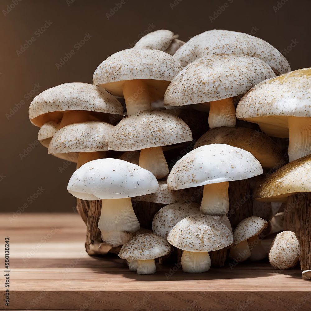 Group of mushrooms on a wooden table. Generative AI Group of mushrooms on a wooden table. Generative AI