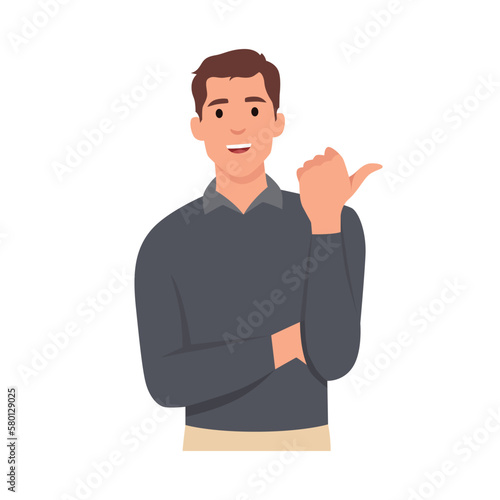 Vector concept illustration Handsome Businessman showing and pointing fingers upper left and right corner with happy expression advices use this copy space