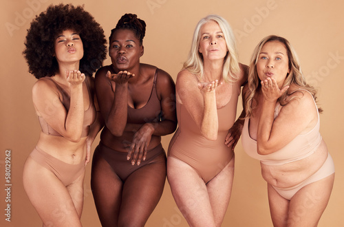 Women, body and different shape group blowing a kiss in studio for lingerie, beauty and diversity wearing underwear. Portrait of female friends together for body positivity, inclusion and self love