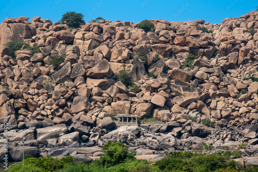 Old ruins within the boulder strewn landscape of Hampi, India