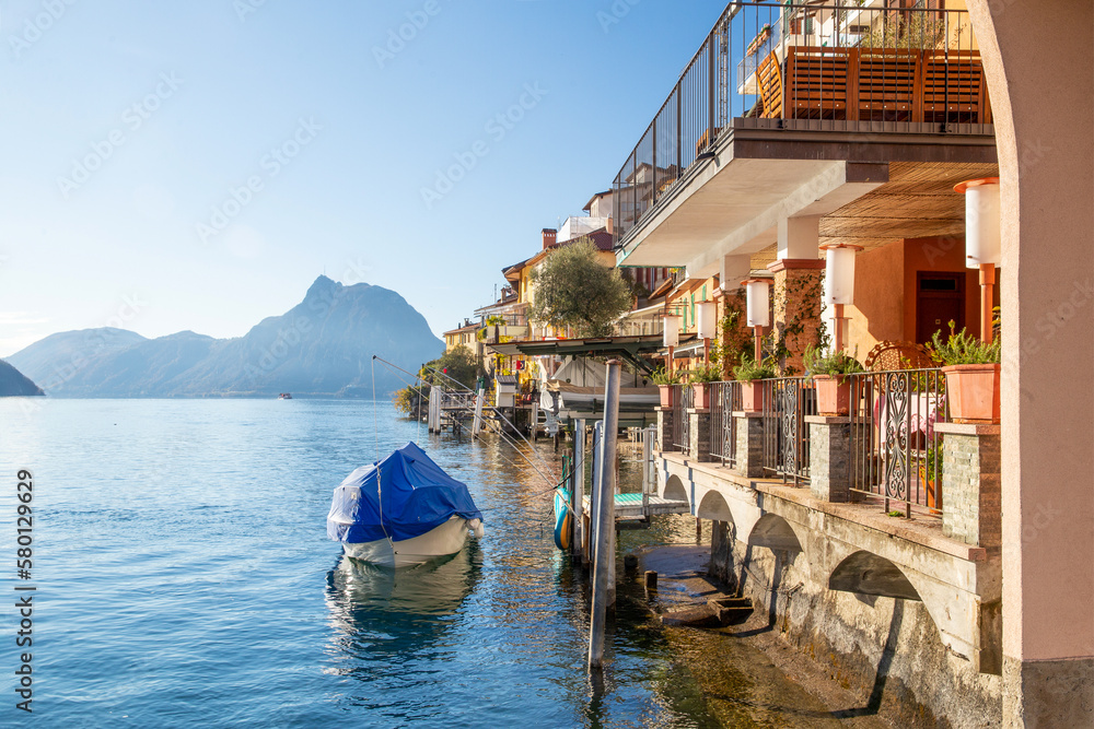 Gandria  village  in Lugano suburb - sheltered boat and houses next  to water