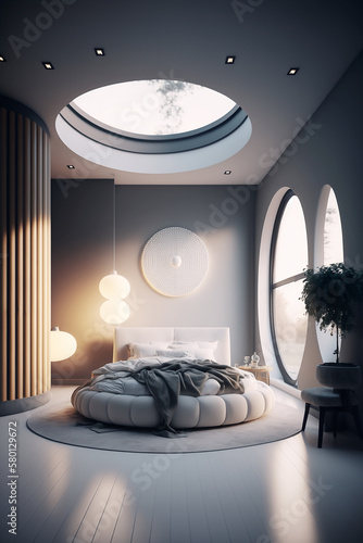 Billede på lærred Bright modern bedroom inside a modern circular tower - AI generative
