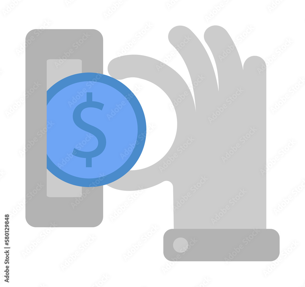 Coin, hand, insert, pay two color blue and gray icon on white background Coin, hand, insert, pay two color blue and gray icon on white background