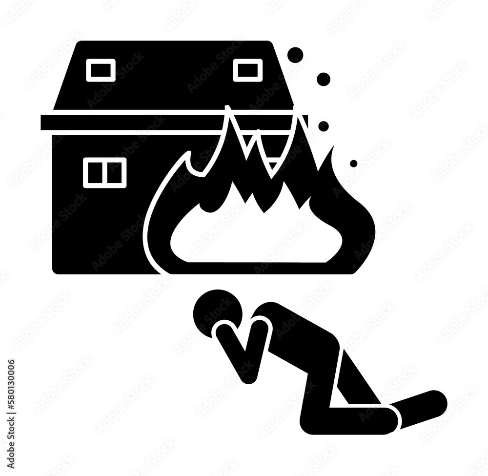 Man fire in house icon. Simple pictogram of human and fire icons for ui and ux, website or mobile application on white background Man fire in house icon. Simple pictogram of human and fire icons for ui and ux, website or mobile application on white background