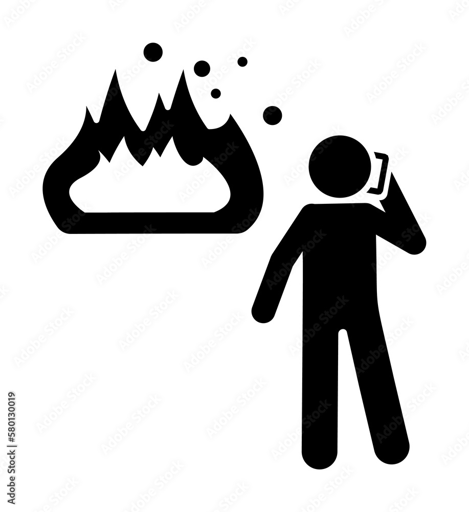 Man call from a fire icon. Simple pictogram of human and fire icons for ...
