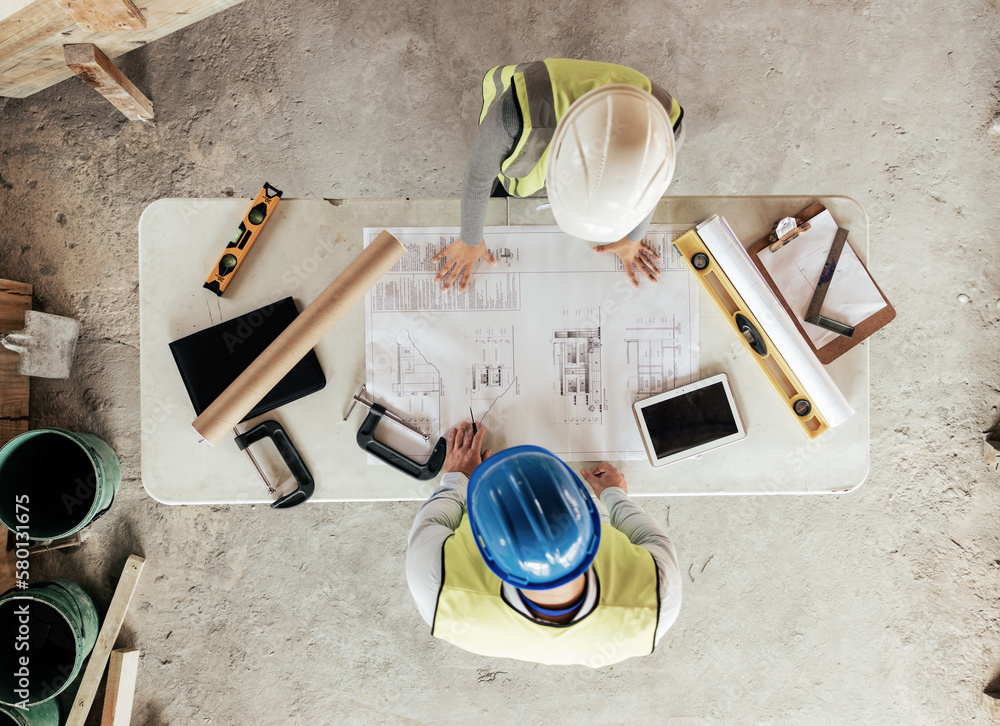 Architect, engineer and planning with blueprint, paper and ...